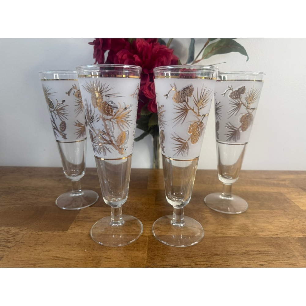Vintage‎ Libbey Pine Cone Pilsner Glasses Frosted Gold Barware Set MCM Beer Bar
